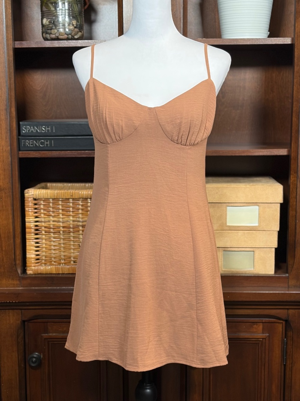 RESA Peyton Copper Tan Satin Slip Mini Dress M Medium Flared Spaghetti Strap